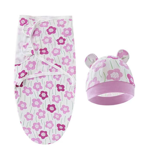 2 in 1 Set Baby Newborn Swadle Wrap With Hat Cotton Kain Bedung Bayi Dengan Topi Lembut