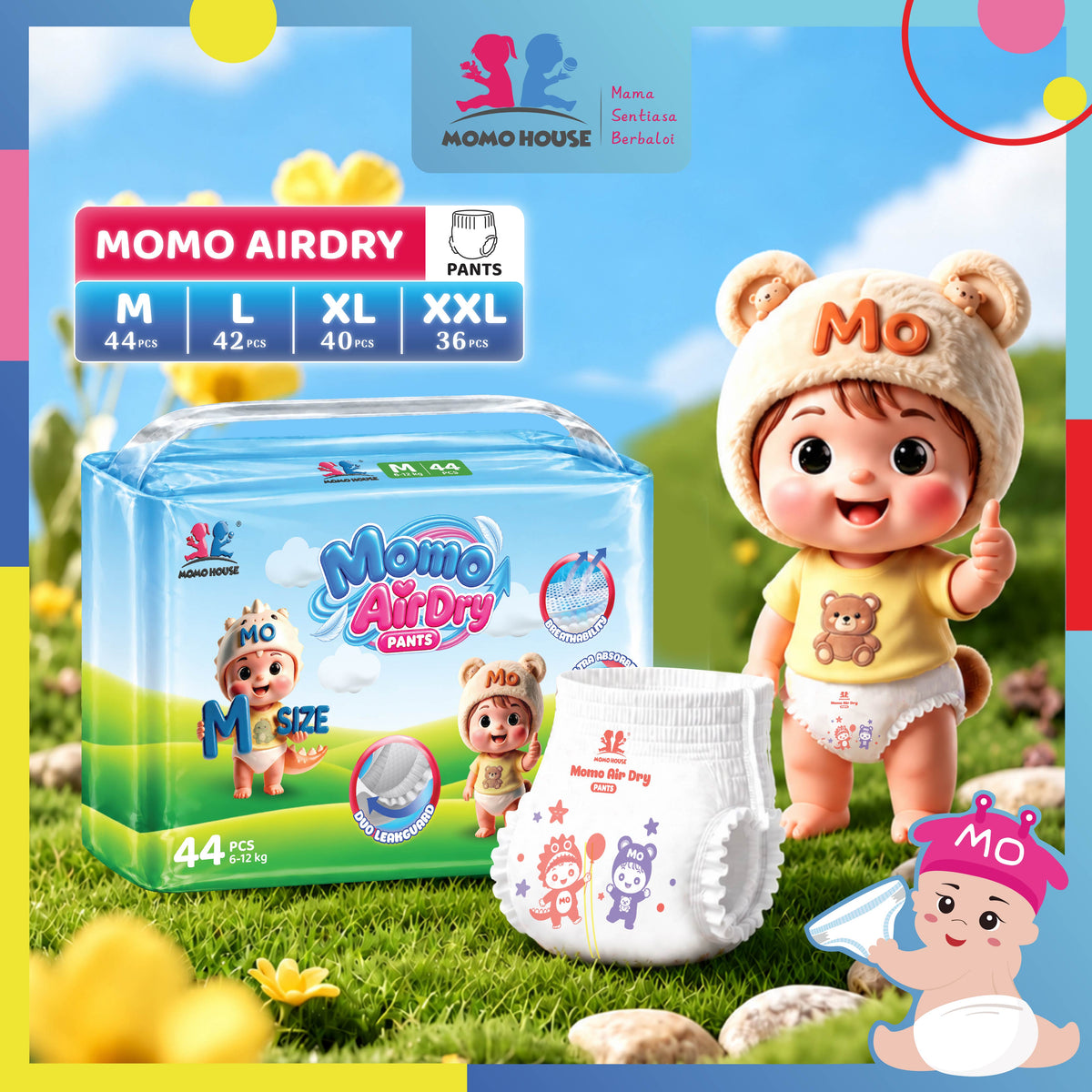 Momo House Momo AirDry Pants Lampin Pakai Buang Jenis Seluar Super Lembut Untuk Kanak-Kanak Diaper Pants Kids Super Soft Popok Bayi Bernafas Nyaman untuk Keseharian
