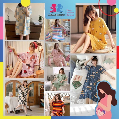 Women Dress Pyjamas 100% Cotton Short Sleeve Nightdress Sleepwear Baju Tidur Wanita Pajamas Women (WP002)