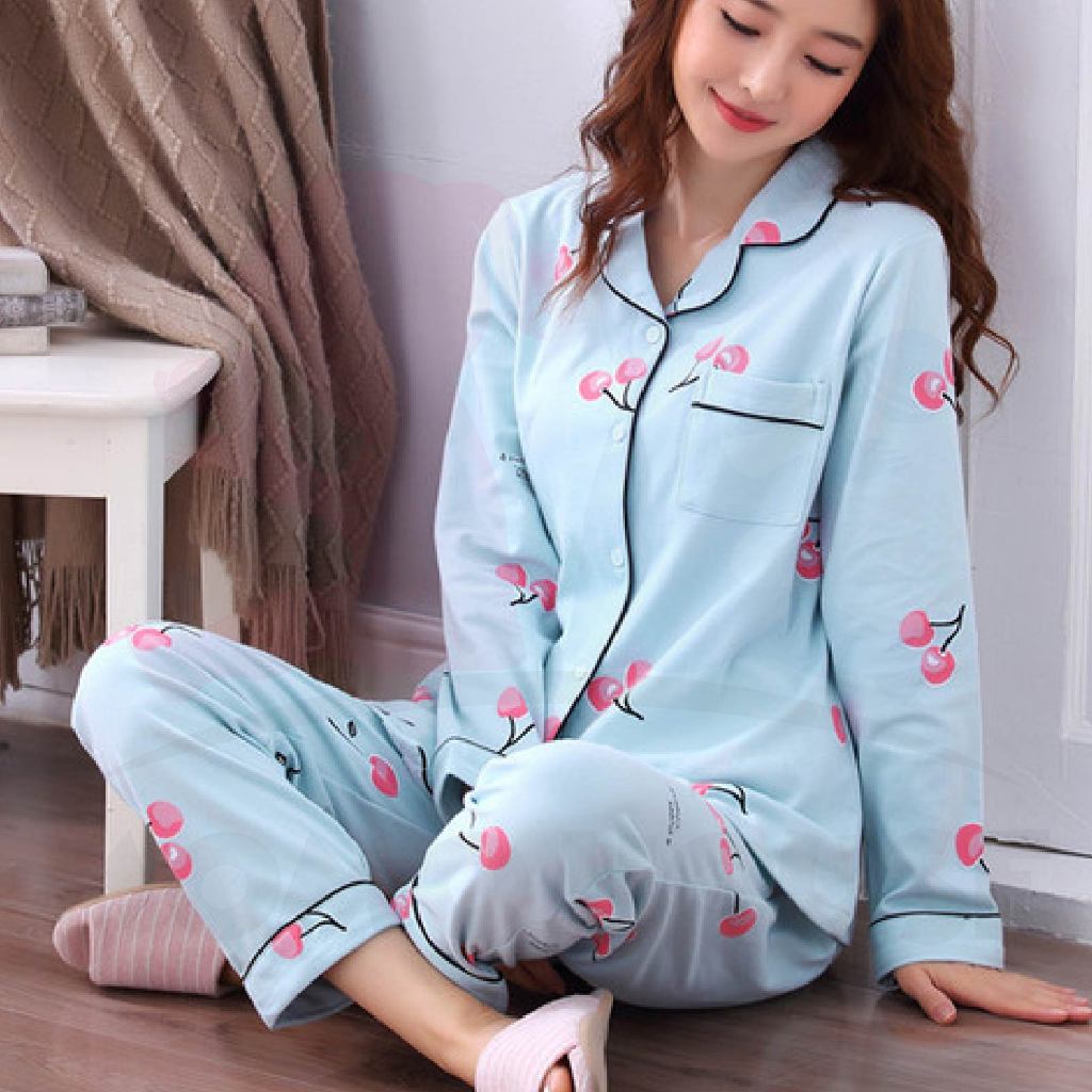 Cute Loose Women Pyjamas 100% Cotton Long Sleeve Nightwear Baju Tidur ( WP001 )