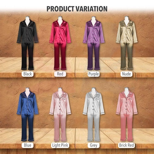 Long Sleeve Satin Silk Sleepwear Pyjamas Lengan Panjang Baju Tidur Unisex Pyjamas Nightwear Kain Licin (WP003)