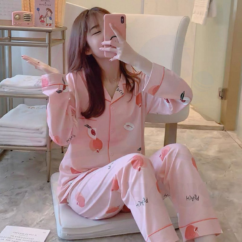 Cute Loose Women Pyjamas 100% Cotton Long Sleeve Nightwear Baju Tidur ( WP001 )