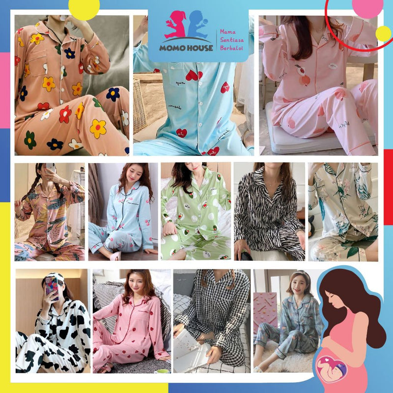 Cute Loose Women Pyjamas 100% Cotton Long Sleeve Nightwear Baju Tidur ( WP001 )