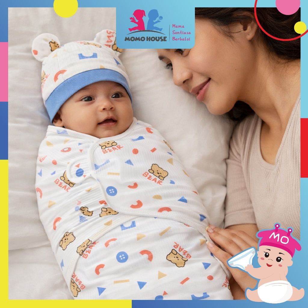 2 in 1 Set Baby Newborn Swadle Wrap With Hat Cotton Kain Bedung Bayi Dengan Topi Lembut
