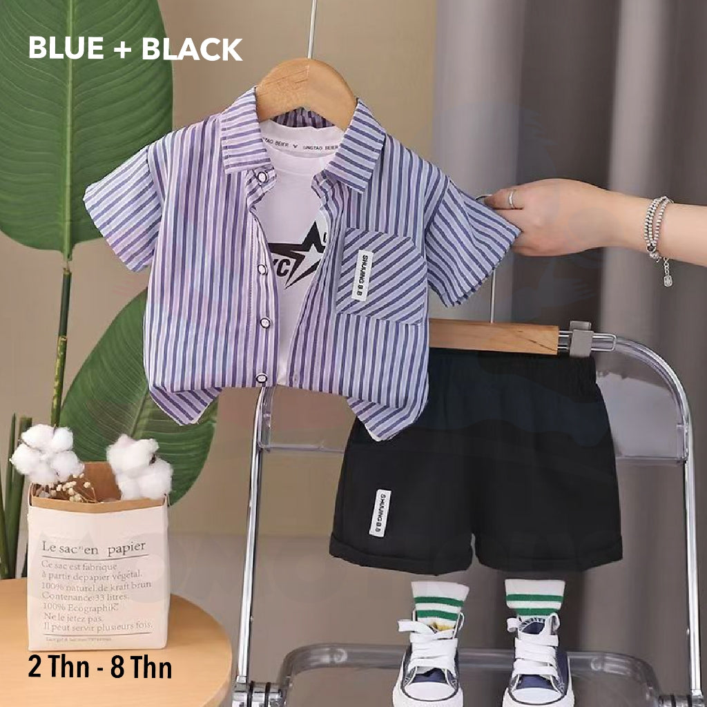 (2 to 8 year) Boy Summer Wear Kemeja Cotton Striped With Short Pants Set Kemeja Kanak-Kanak Lelaki