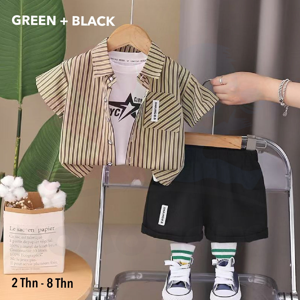 (2 to 8 year) Boy Summer Wear Kemeja Cotton Striped With Short Pants Set Kemeja Kanak-Kanak Lelaki