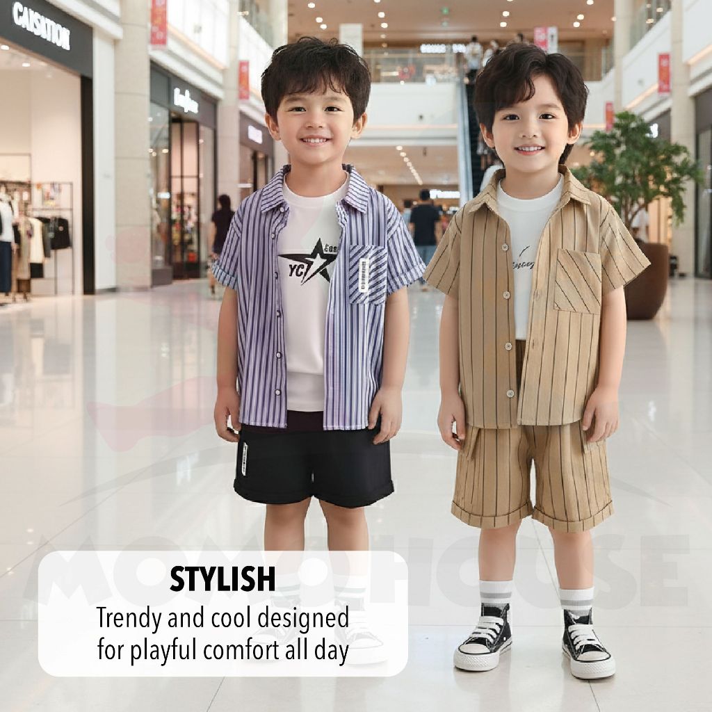 (2 to 8 year) Boy Summer Wear Kemeja Cotton Striped With Short Pants Set Kemeja Kanak-Kanak Lelaki