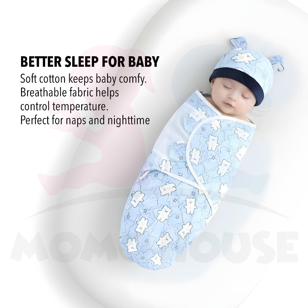2 in 1 Set Baby Newborn Swadle Wrap With Hat Cotton Kain Bedung Bayi Dengan Topi Lembut