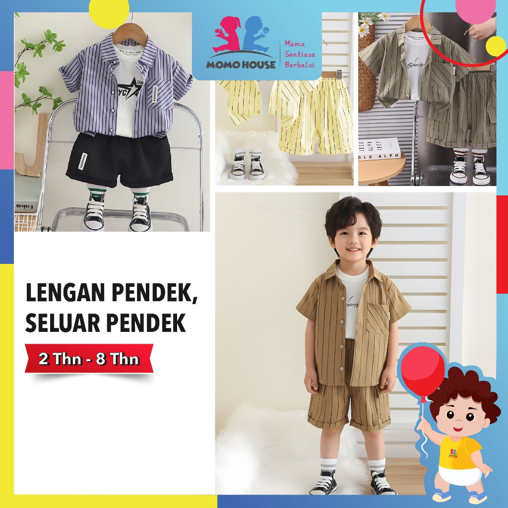 (2 to 8 year) Boy Summer Wear Kemeja Cotton Striped With Short Pants Set Kemeja Kanak-Kanak Lelaki