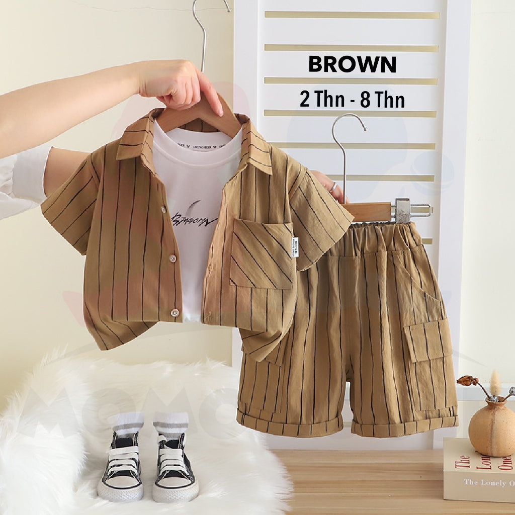 (2 to 8 year) Boy Summer Wear Kemeja Cotton Striped With Short Pants Set Kemeja Kanak-Kanak Lelaki