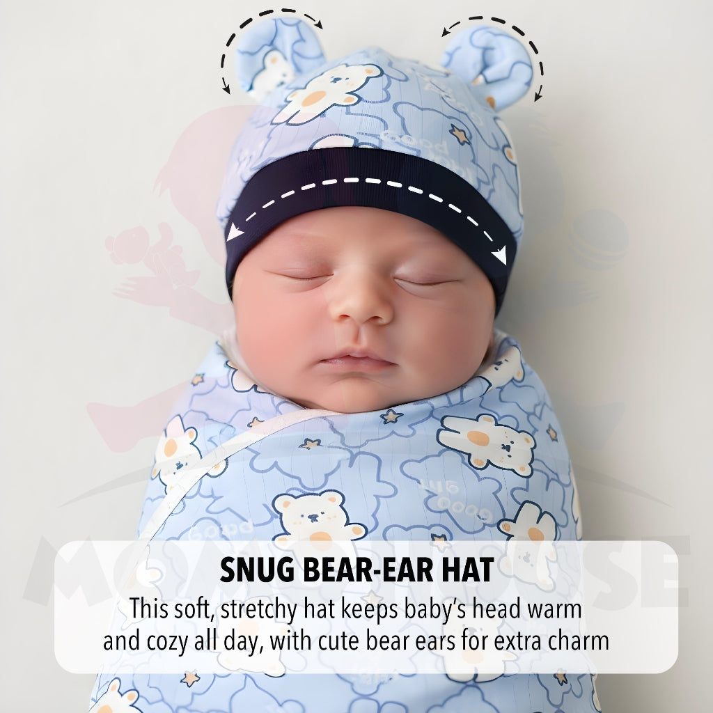 2 in 1 Set Baby Newborn Swadle Wrap With Hat Cotton Kain Bedung Bayi Dengan Topi Lembut