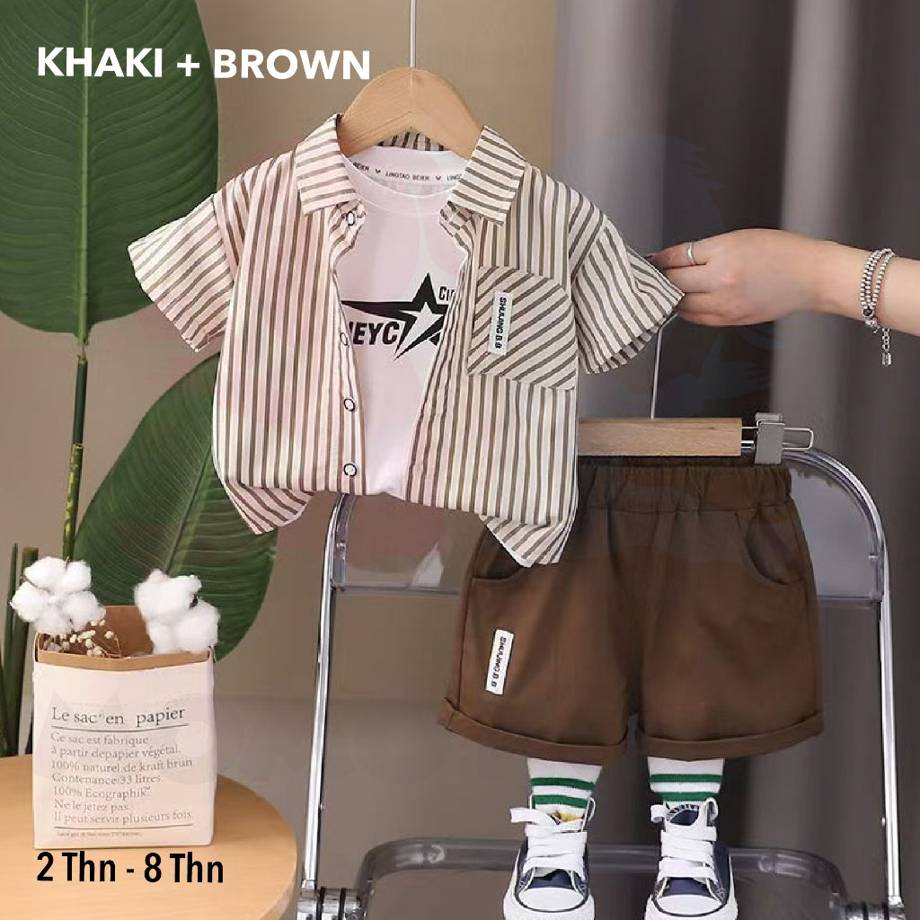 (2 to 8 year) Boy Summer Wear Kemeja Cotton Striped With Short Pants Set Kemeja Kanak-Kanak Lelaki