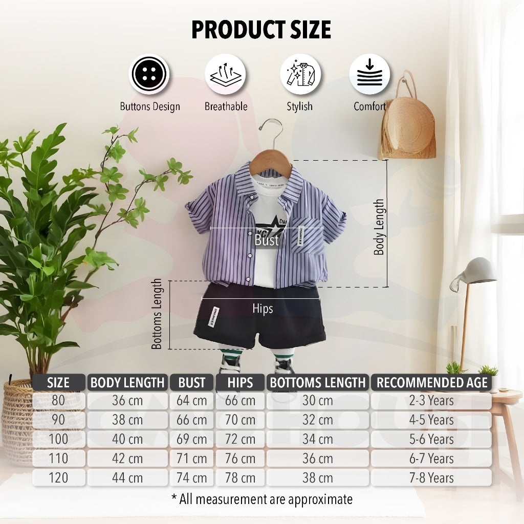 (2 to 8 year) Boy Summer Wear Kemeja Cotton Striped With Short Pants Set Kemeja Kanak-Kanak Lelaki