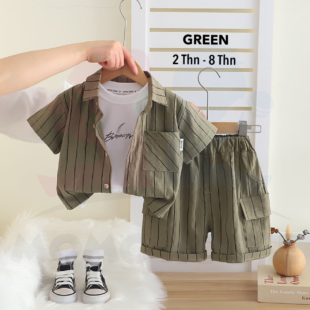 (2 to 8 year) Boy Summer Wear Kemeja Cotton Striped With Short Pants Set Kemeja Kanak-Kanak Lelaki