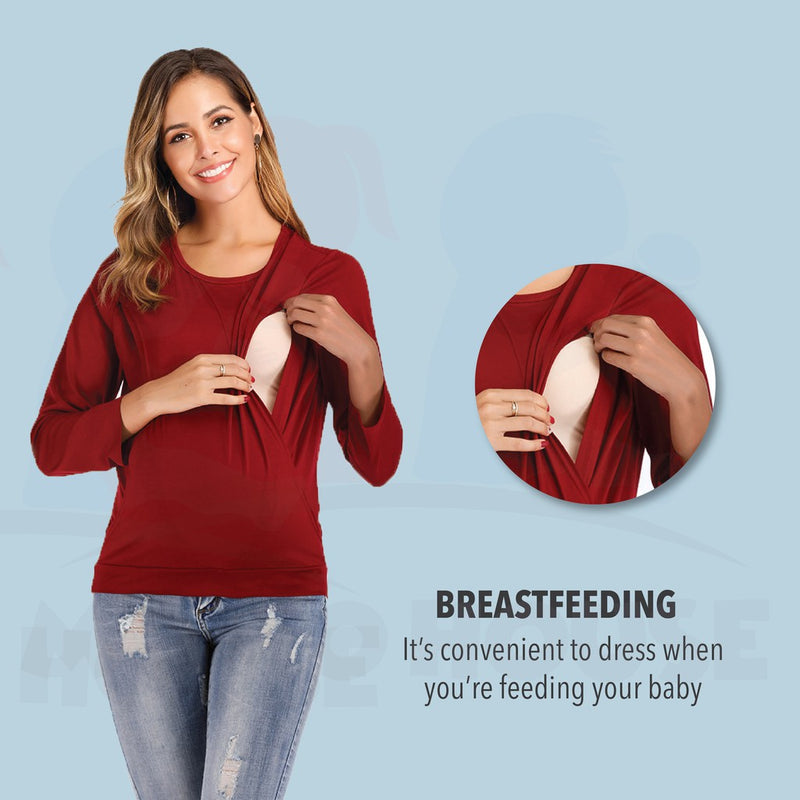 Maternity Blouse Breastfeeding Long Sleeve Side Opening Feeding Nursing Blouse Pregnant (MBLS)