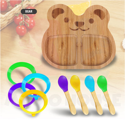 Bamboo Wooden Plate Baby Self Eating With Anti-Slip Suction Cup and Spoon Pinggan Kanak