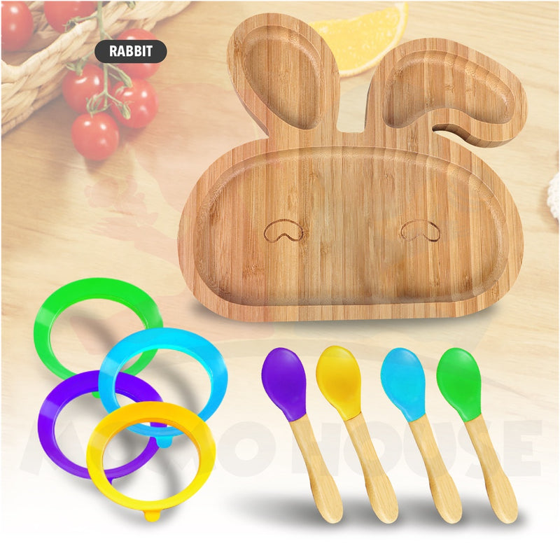 Bamboo Wooden Plate Baby Self Eating With Anti-Slip Suction Cup and Spoon Pinggan Kanak