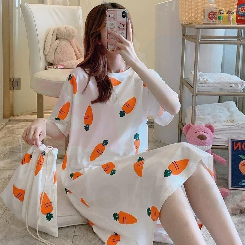 Women Dress Pyjamas 100% Cotton Short Sleeve Nightdress Sleepwear Baju Tidur Wanita Pajamas Women (WP002)