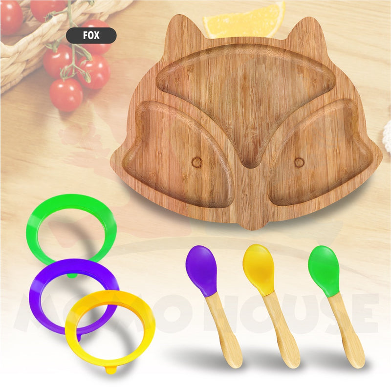 Bamboo Wooden Plate Baby Self Eating With Anti-Slip Suction Cup and Spoon Pinggan Kanak