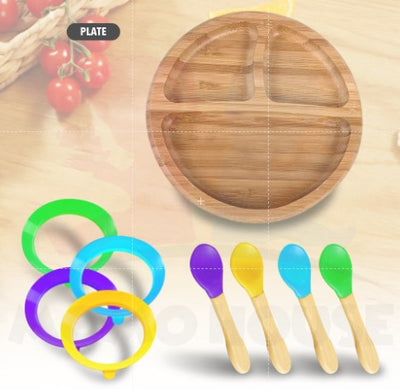 Bamboo Wooden Plate Baby Self Eating With Anti-Slip Suction Cup and Spoon Pinggan Kanak