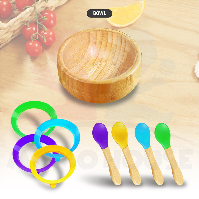 Bamboo Wooden Plate Baby Self Eating With Anti-Slip Suction Cup and Spoon Pinggan Kanak