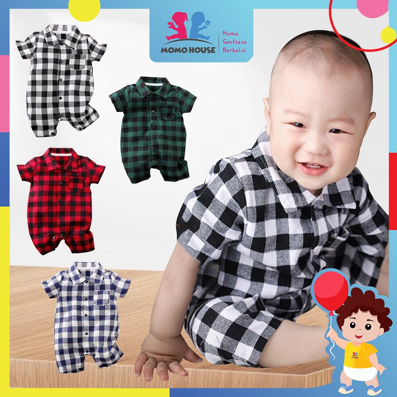 Newborn Baby Boy & Girl Plaid Print Short Sleeve Romper Baju Kanak Kanak Romper Jumpsuit (MYB040)