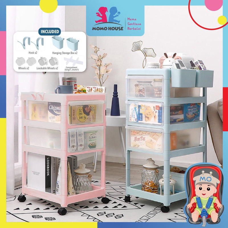 Portable Baby storage Trolley 3 Layer and 4 Layer With Drawer Rak Bayi 3 Tingkat Dengan Roda