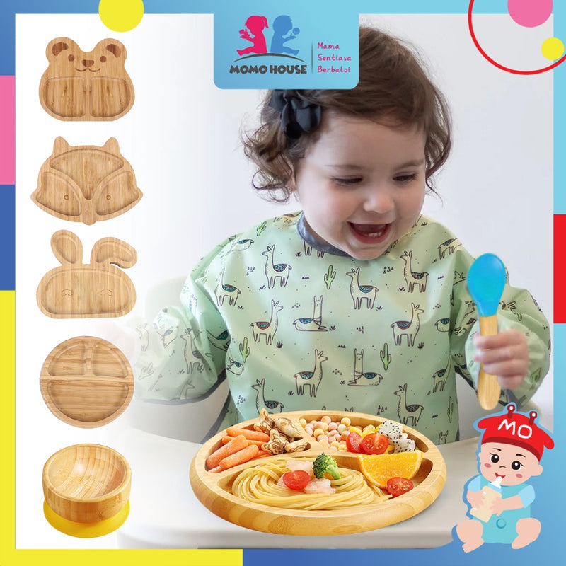 Bamboo Wooden Plate Baby Self Eating With Anti-Slip Suction Cup and Spoon Pinggan Kanak