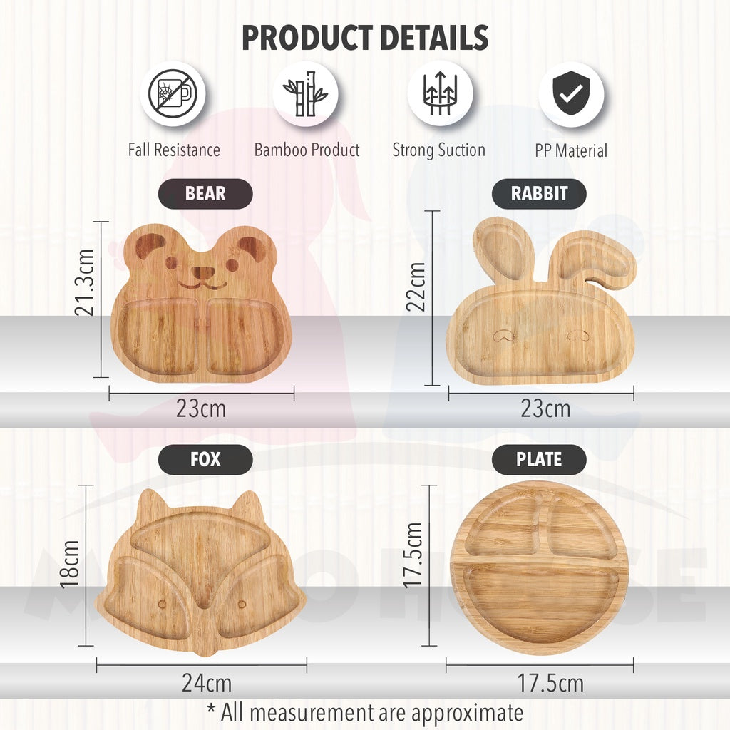 Bamboo Wooden Plate Baby Self Eating With Anti-Slip Suction Cup and Spoon Pinggan Kanak