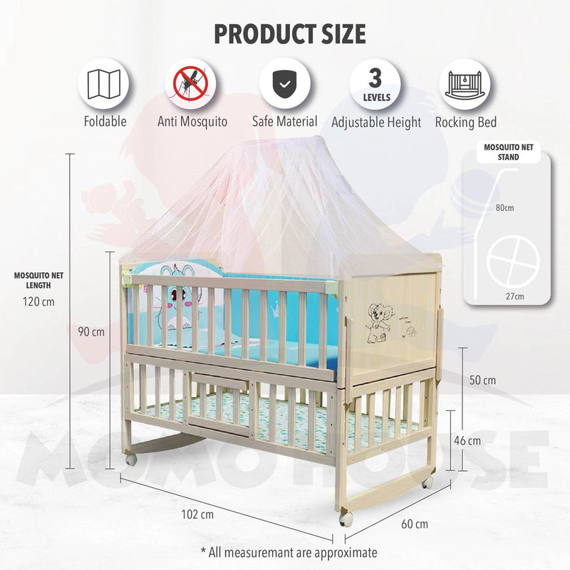 Multi Functional Double Layer Wooden Baby Cot with Mosquito Stand & Net Katil Bayi Dgn Kelambu