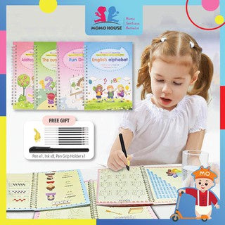 (Free Pens) 4 Book Magic Writing Copybook Calligraphy Writing Book For Kid Buku Latihan