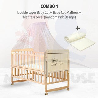 Multi Functional Double Layer Wooden Baby Cot with Mosquito Stand & Net Katil Bayi Dgn Kelambu