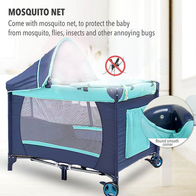 2 Level Portable Baby Playpen Travel Cot Bed With Mosquito Net and Slde Slide Door