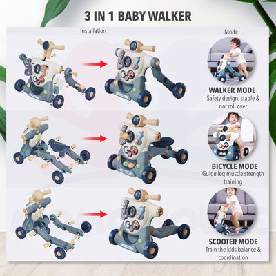 3 In 1 Baby Walker Anti-Rollover Walkers Music & Toy Push Walker Early Learning