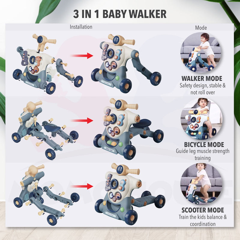 3 In 1 Baby Walker Anti-Rollover Walkers Music & Toy Push Walker Early Learning