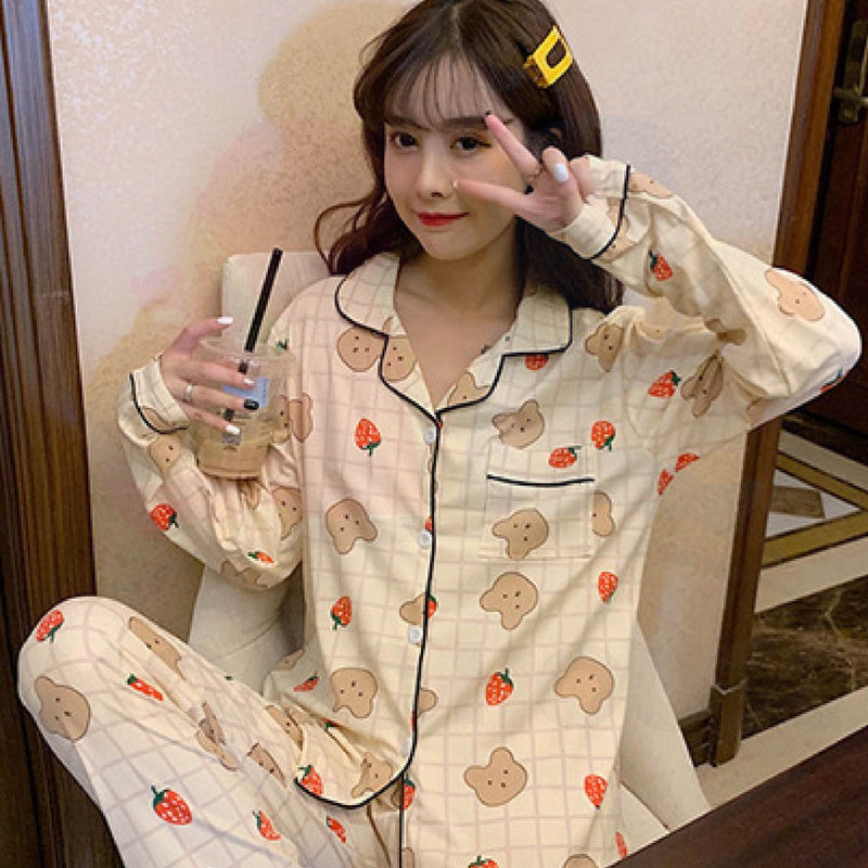 Cute Loose Women Pyjamas 100% Cotton Long Sleeve Nightwear Baju Tidur ( WP001 )