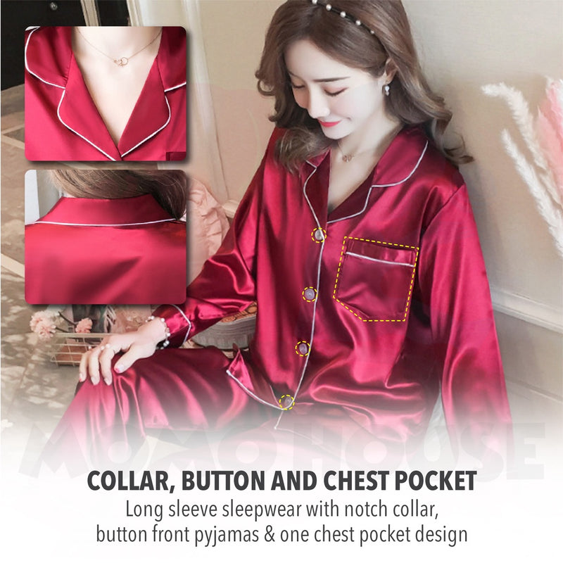 Long Sleeve Satin Silk Sleepwear Pyjamas Lengan Panjang Baju Tidur Unisex Pyjamas Nightwear Kain Licin (WP003)