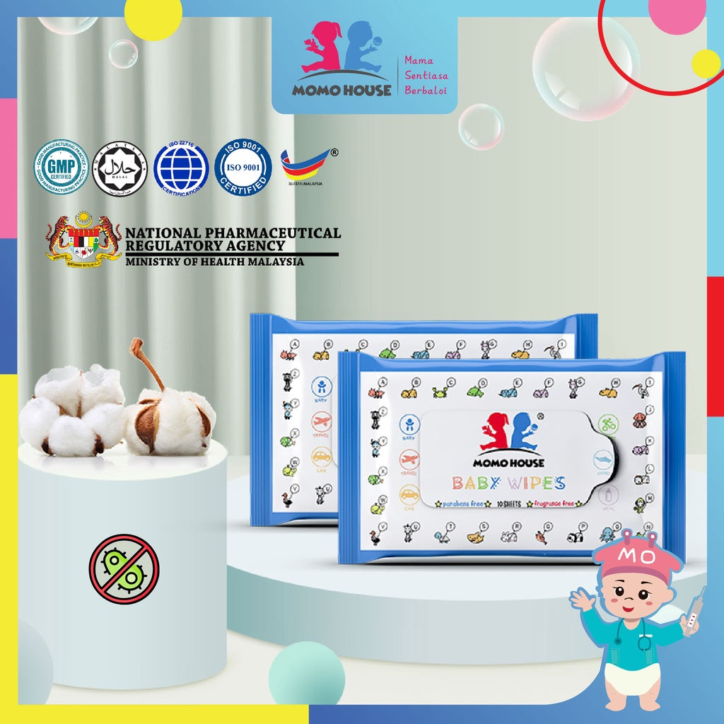 10pcs Premium MOMO HOUSE Baby Wipes - (Non-Alcohol, Parabens Free, Fragrance Free)