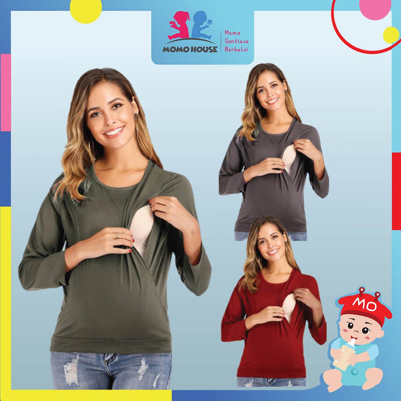 Maternity Blouse Breastfeeding Long Sleeve Side Opening Feeding Nursing Blouse Pregnant (MBLS)