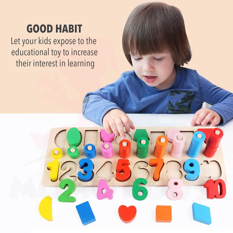 3 in 1 Number Shape Matching Wooden Logarithmic Board Educational Kids Counting Stacker Toy Puzzle