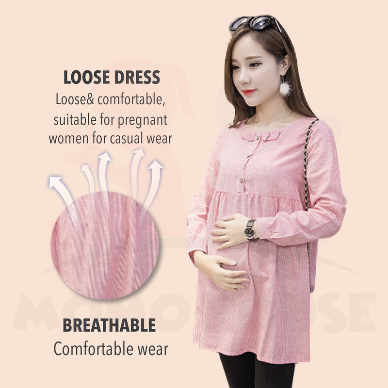 Maternity Blouse Korean Pregnant Blouse Baju Kain Mengandung Loose Plus Size Striped Embroidered (MDBL)