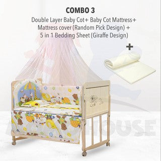 Multi Functional Double Layer Wooden Baby Cot with Mosquito Stand & Net Katil Bayi Dgn Kelambu