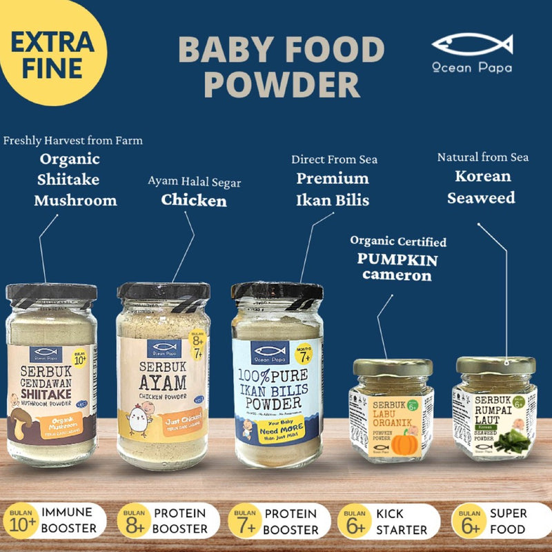 Ocean Papa Serbuk Perasa Makanan Bayi (Ikan Bilis/Labu/Ayam/Cendawan) Baby Seasoning Food Powder Anchovy Pumpkin Chicken