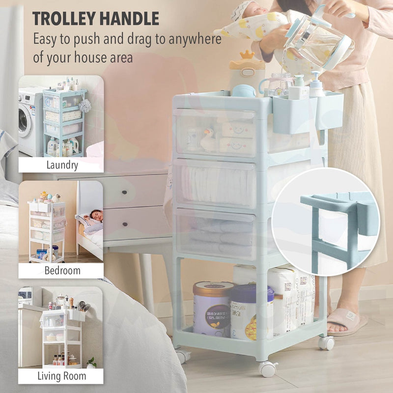 Portable Baby storage Trolley 3 Layer and 4 Layer With Drawer Rak Bayi 3 Tingkat Dengan Roda