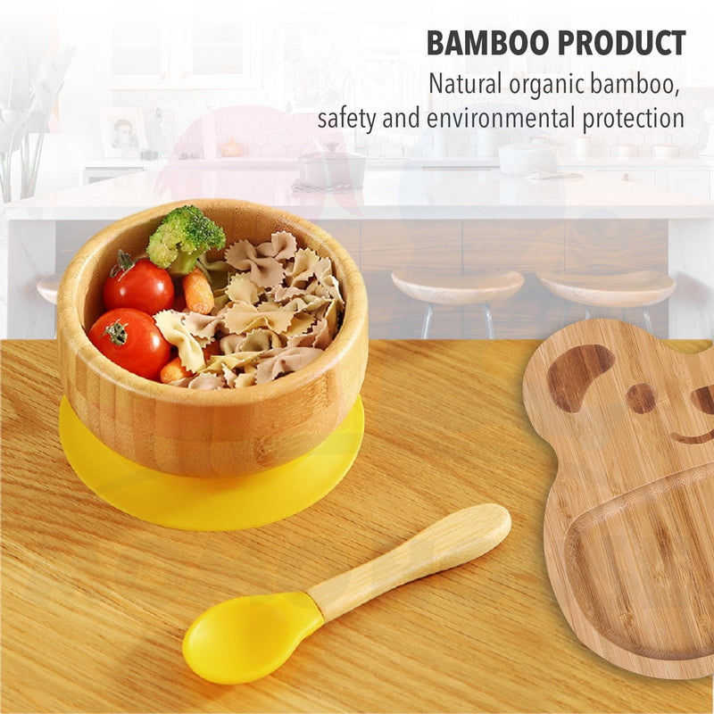 Bamboo Wooden Plate Baby Self Eating With Anti-Slip Suction Cup and Spoon Pinggan Kanak