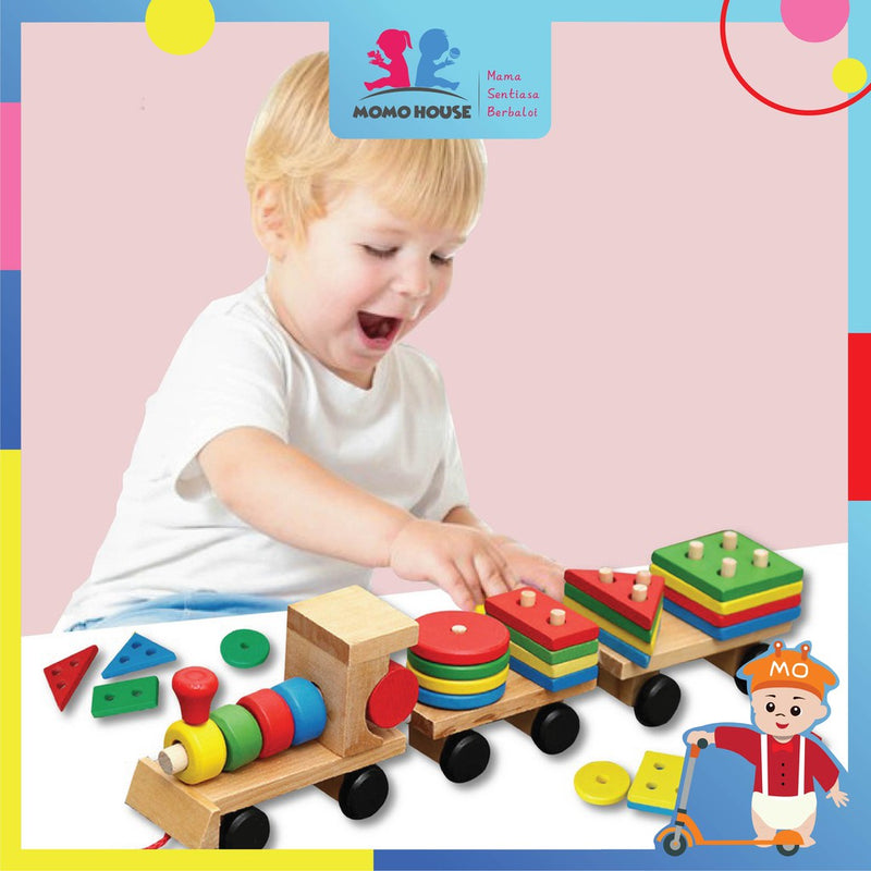 Wooden Walking Train Stacking Geometry Shape Block Kids Toy Matching Childhood Educational Train Set