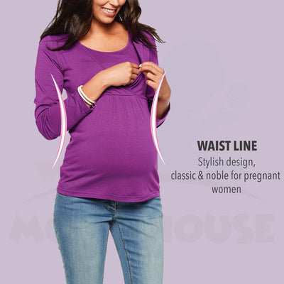 Maternity Blouse Breastfeeding Long Sleeve Front Opening Feeding Nursing Blouse Pregnant (MBLF)