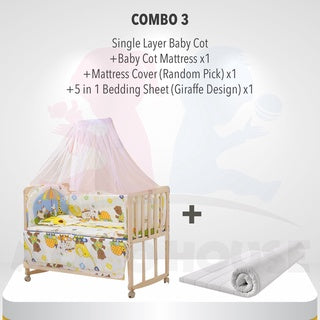 Multi Functional Single Layer Wooden Baby Cot with Mosquito Stand & Net Katil Bayi Dgn Kelambu