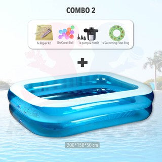 (L)200x(W)150x(H)50cm Inflatable 2 Ring Swimming Pool Kolam Renang Electric Air Pump Kolam Mandi Besar