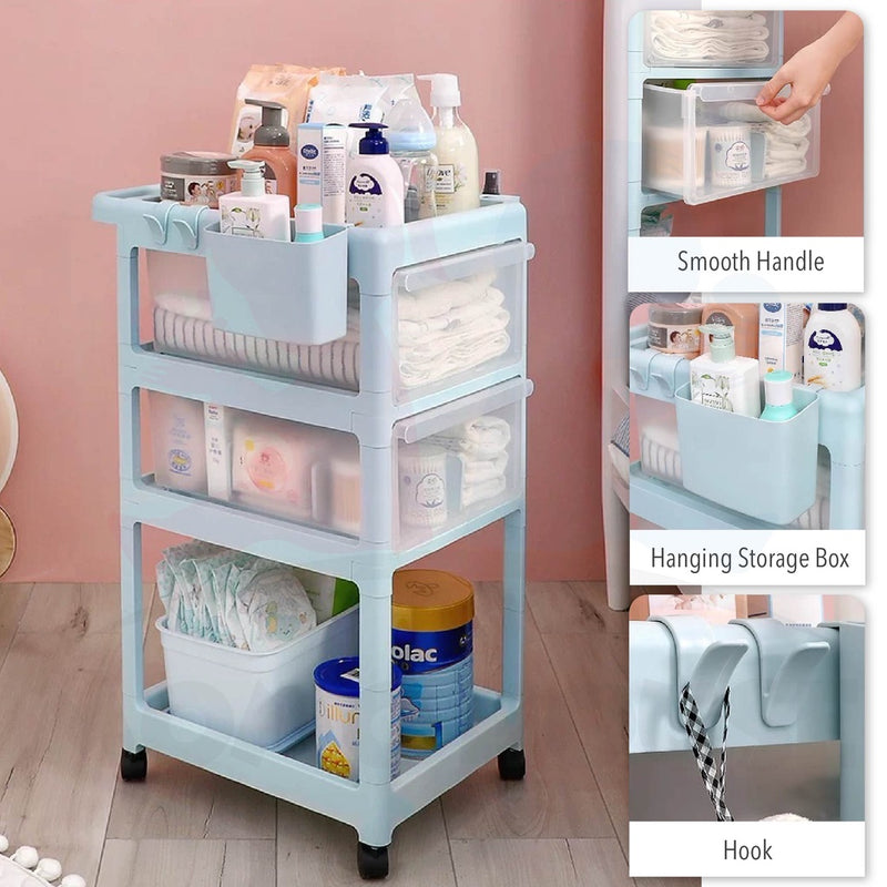 Portable Baby storage Trolley 3 Layer and 4 Layer With Drawer Rak Bayi 3 Tingkat Dengan Roda